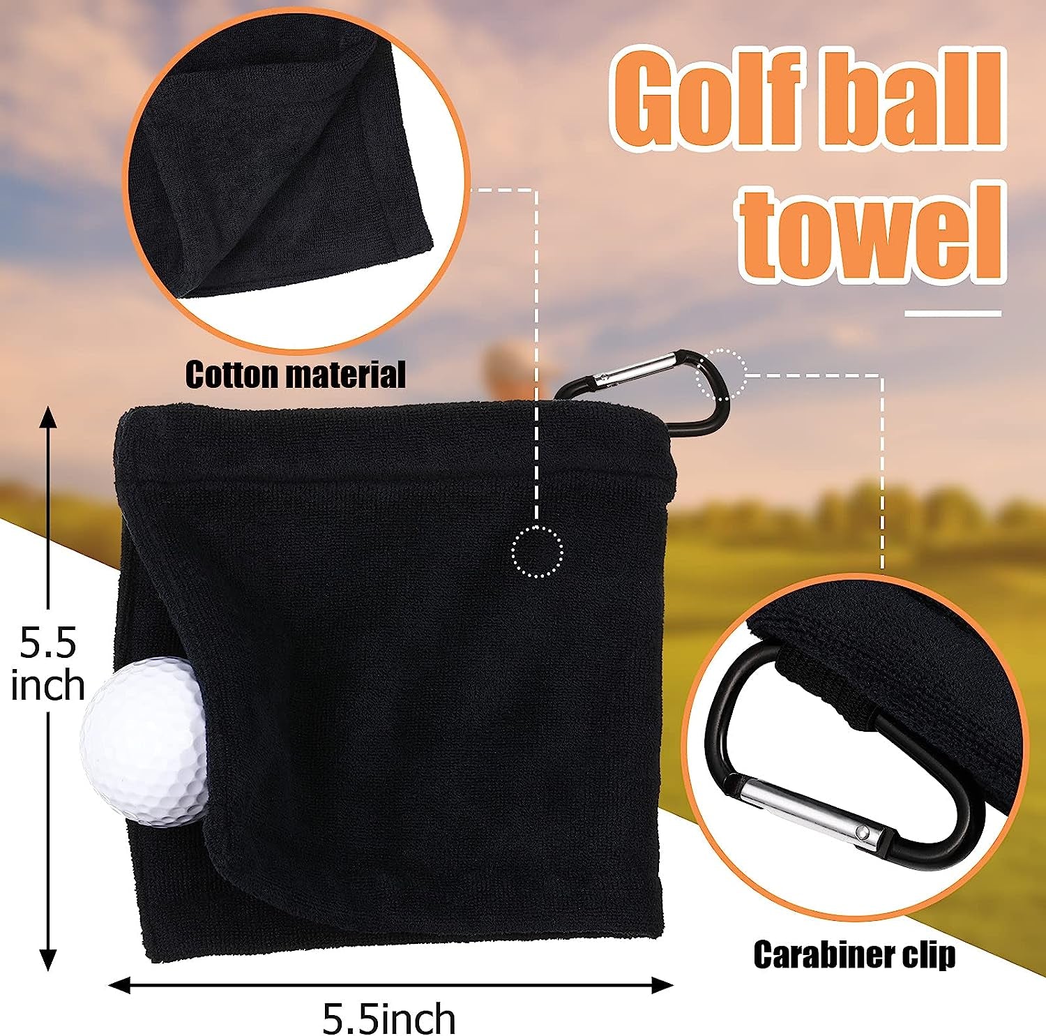 3 Pieces Golf Ball Towel 5.5 X 5.5 Inch Black Golf Wet and Dry Golf Towel Pocket Golf Towel with Clip Ball Towel Golf Ball Towel for Golf Course Exercise Towel