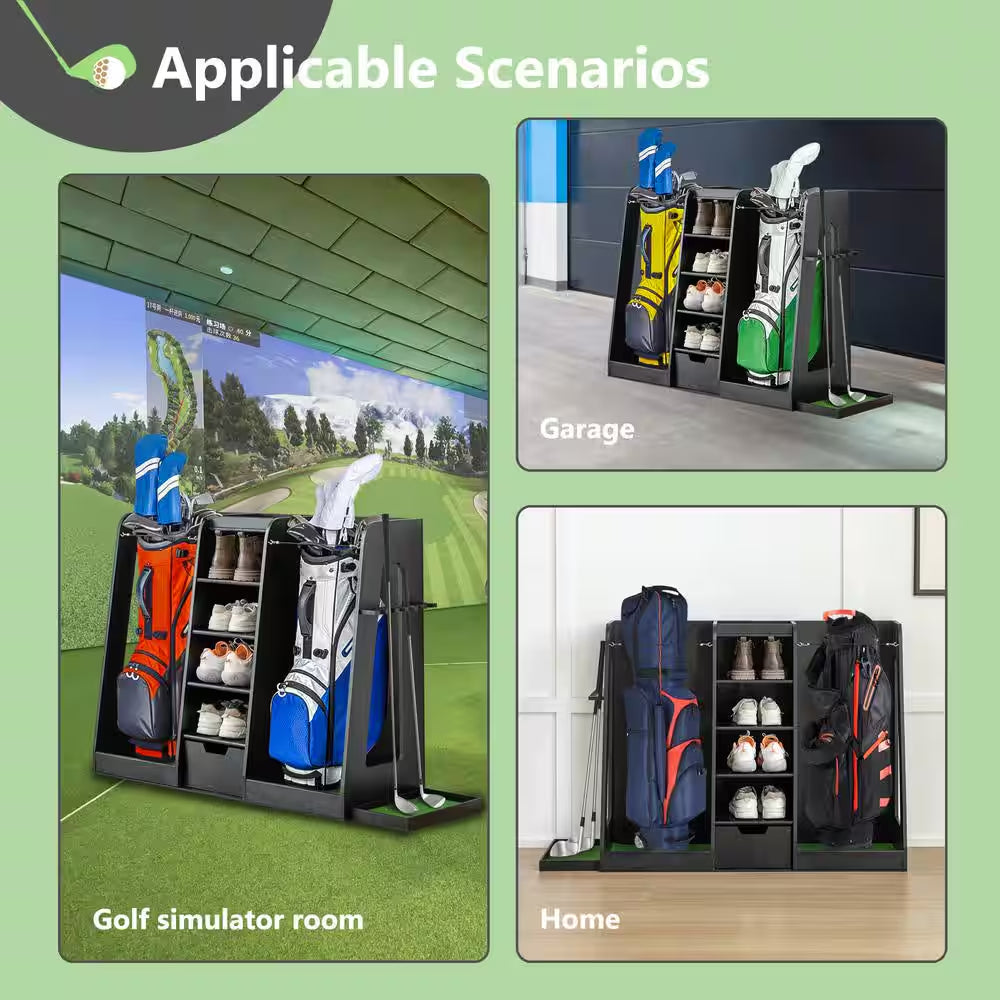 Premium Wooden Golf Bag Organizer, Stylish Golf Storage Rack, Holds 2 Golf Bags, Black