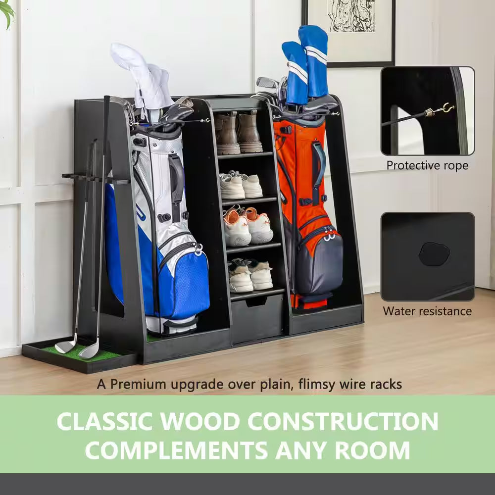 Premium Wooden Golf Bag Organizer, Stylish Golf Storage Rack, Holds 2 Golf Bags, Black