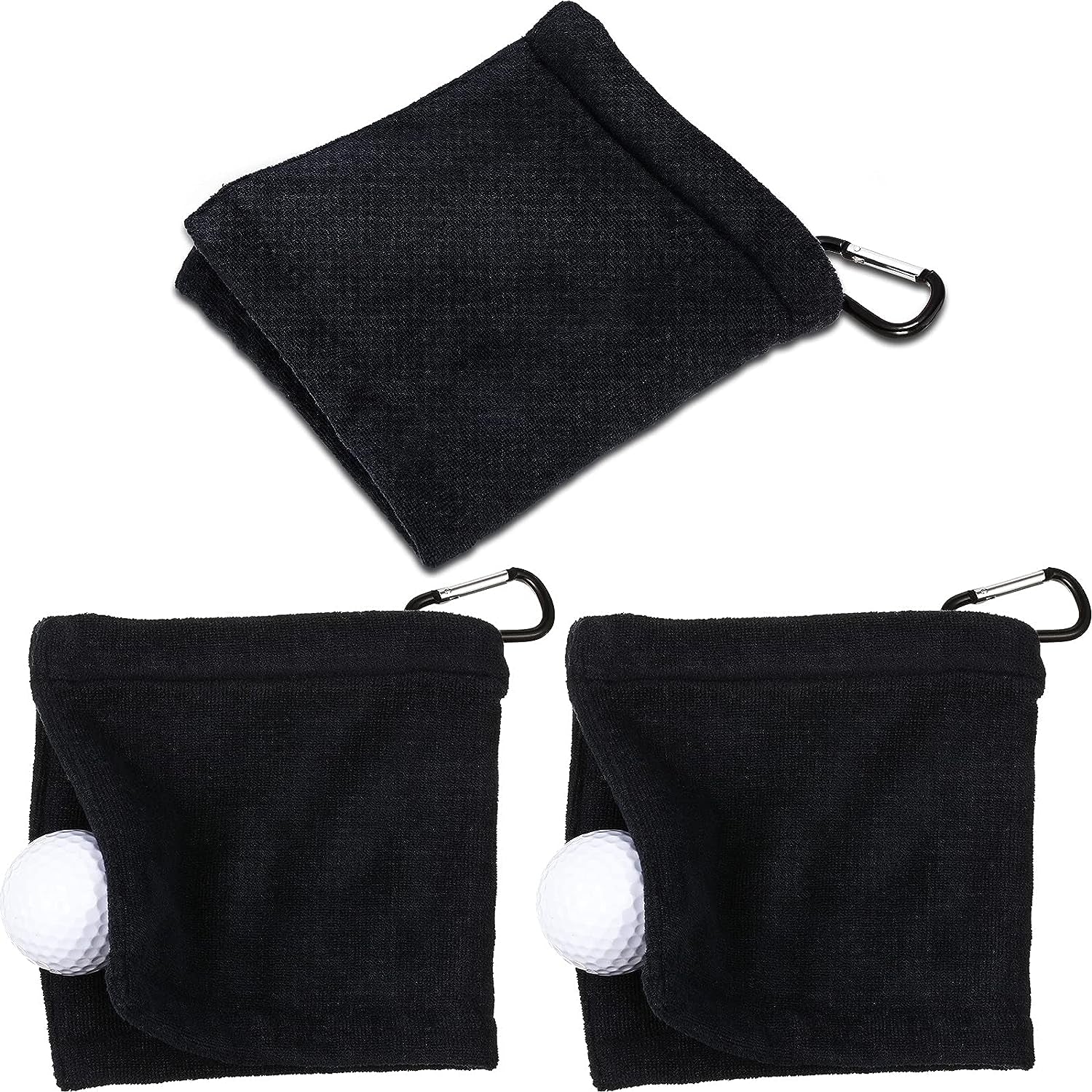 3 Pieces Golf Ball Towel 5.5 X 5.5 Inch Black Golf Wet and Dry Golf Towel Pocket Golf Towel with Clip Ball Towel Golf Ball Towel for Golf Course Exercise Towel